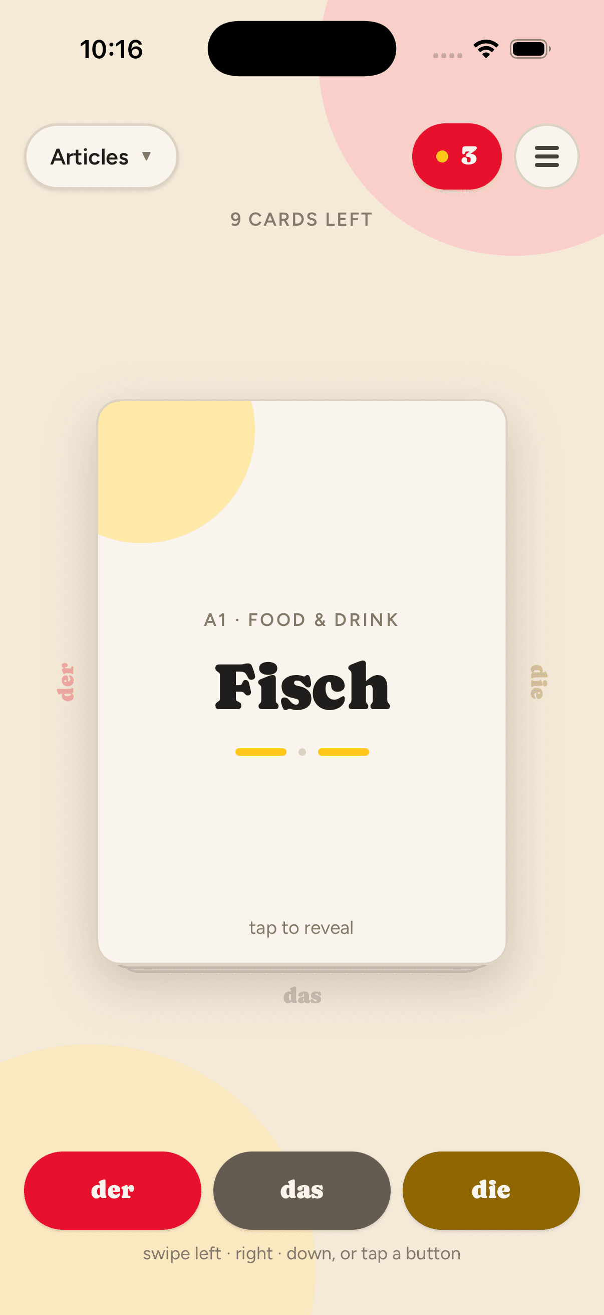 Derdiedas card screen: the noun Fisch on a cream card, with der, das and die answer buttons below